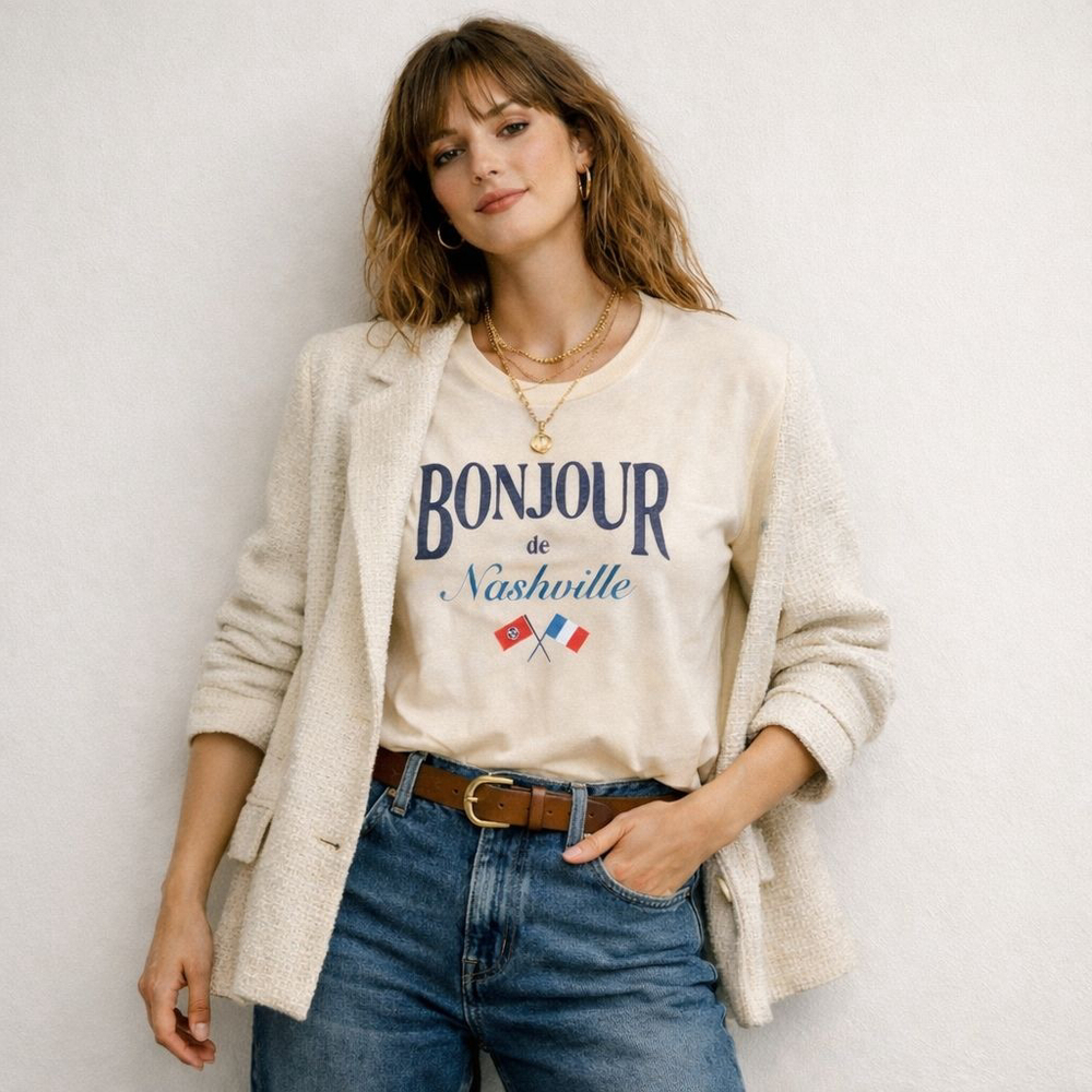Bonjour de Nashville Graphic Tee Cream Size M NWOT